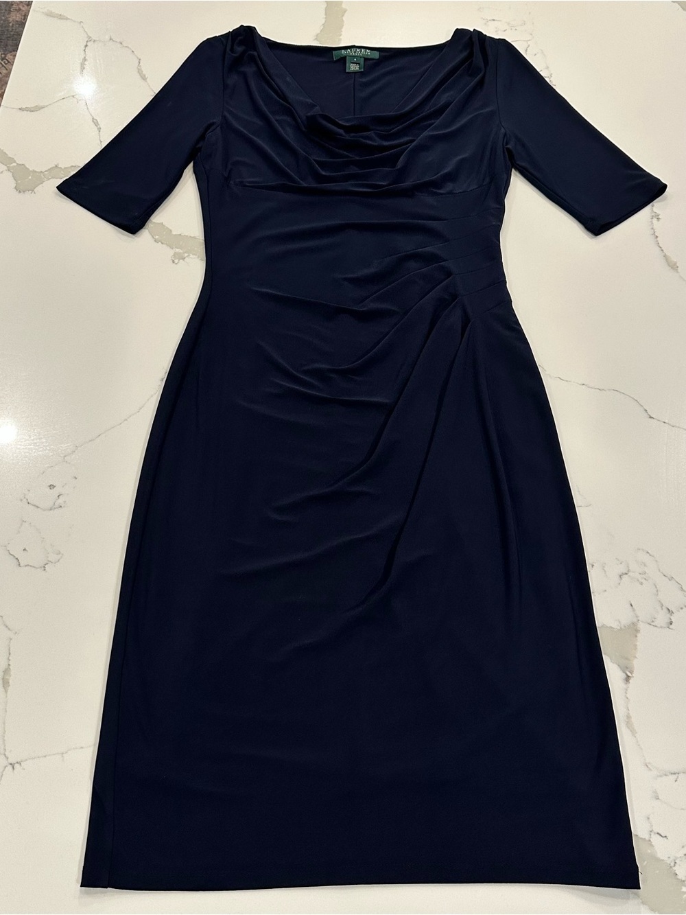 Lauren Ralph Lauren Navy Cowl Neck Midi Dress 4 Ruched Sheath Old Money Office